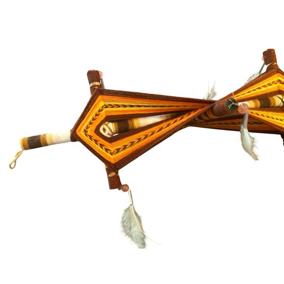 Handmade Crochet God's Eye Hanging Folk Art Wood Yarn Feathers Spiritual - Picture 2 of 4